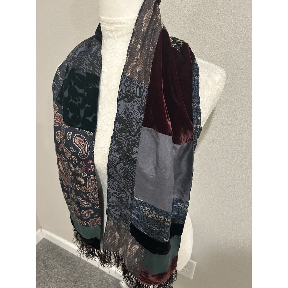Vintage 90s Burnout Velvet & Silk Patchwork Scarf Fringed 57"x10" Boho Luxury - Picture 3 of 13